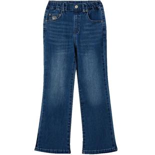 eland kids衣恋童装女童牛仔裤春秋学院风刺绣休闲裤子复古微喇裤