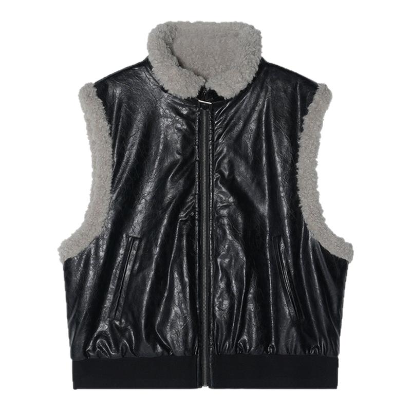 【漆光皮毛一体】Unvesno(UN)高智中古复古立领皮带保暖马甲