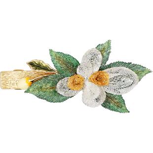 shes茜子梵高玫瑰手工叠花金带刺绣叶片马尾横夹半发顶夹盘发夹