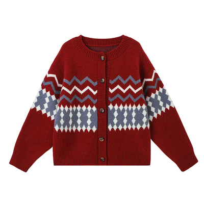 布丁哈鲁冬装女童童装2025秋冬季新款儿童费尔岛撞色毛衣开衫