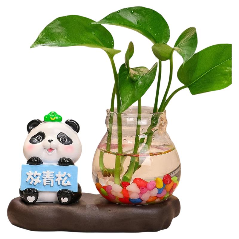 可爱熊猫玻璃透明花瓶小摆件办公室工位桌面水培花艺小绿植插花器