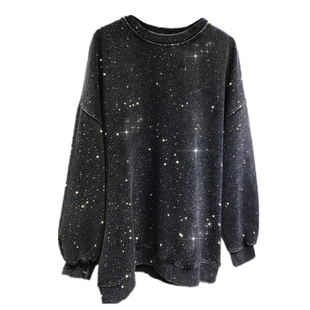 欧货重工烫钻卫衣女前后满钻圆领宽松中长款大版上衣显瘦黑色秋冬