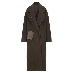 Elywood深橄榄绿多纽扣毛绒大衣女秋冬保暖长款外套高级显瘦宽松