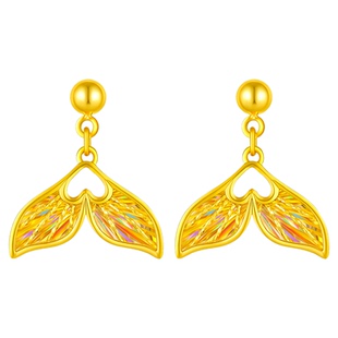 金至尊闪醉金人鱼公主黄金耳钉女足金鱼尾余生有你耳坠炫彩爆闪金