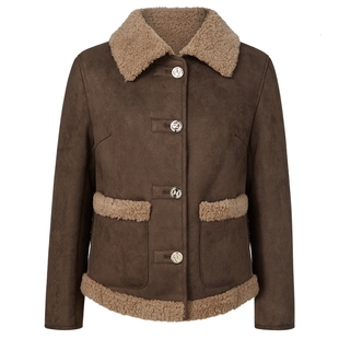 NAERSI娜尔思羊剪绒毛呢外套衬衫领撞色层次设计2025年冬季新款女