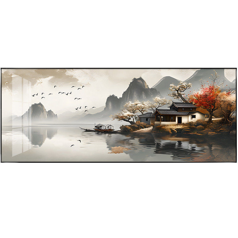 一帆风顺山水画办公室挂画新中式客厅装饰画茶室沙发背景墙水墨画