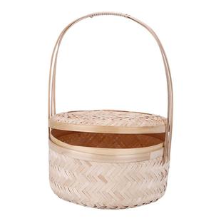 竹编礼盒茶叶罐手提篮带提手点心篮带盖手提竹篓竹桶收纳鸡蛋篮小