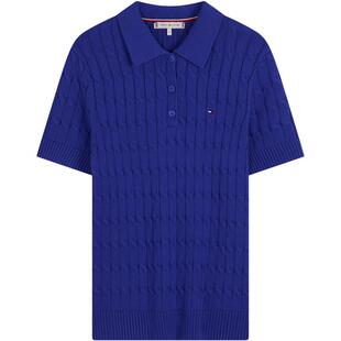 Tommy春夏女装优雅休闲通勤绞花纯色POLO领修身麻花短袖针织衫
