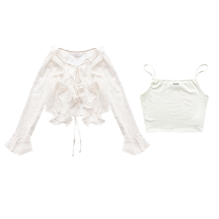 Kroche 柔软亲肤花边喇叭袖开衫打底吊带上衣两件套装