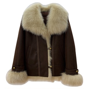 冬日热可可!狐狸毛领白鹅绒内胆2025新款麂皮绒派克服皮草外套女