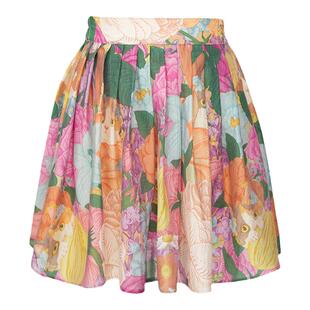 JUNGLE ME夏季度假风神秘花园印花高腰百褶短裙橡筋腰大摆修身A裙
