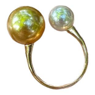 白金混彩南洋金珠澳白大小珍珠开口戒指人造S925纯银厚镀18k真金