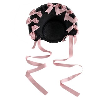 多色黑紫Lolita草帽bnt蕾丝cla系黑粉蕾丝蝴蝶结扁帽波奈特礼帽