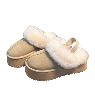 羊羔毛真皮大头松糕厚底包头半拖鞋女外穿小个子增高加绒毛毛拖鞋