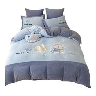 冬季男孩可爱卡通风牛奶绒四件套珊瑚绒被套加厚儿童床单床上用品