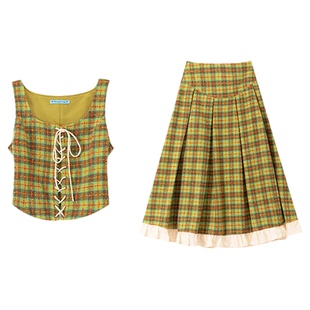 司童  法式宫廷风毛呢格纹套装马甲半身裙a字大裙摆冬新款两件套