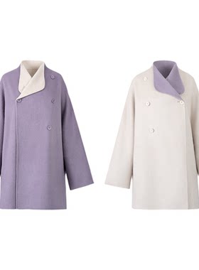 ONEELABS原创品牌 可两面穿 100%绵羊毛紫色中长款双面呢毛呢大衣