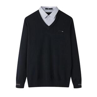 HLA/海澜之家商务双领针织衫26春季新款V领衬衫款假两件打底衫男