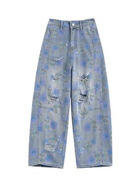 夏薄破洞弯刀大码女牛仔裤