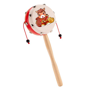 12生肖拨浪鼓木质老式羊皮新生婴儿可啃咬0-1岁宝宝手工传统玩具