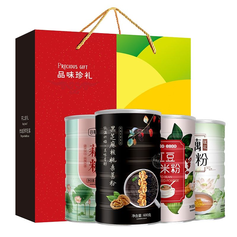 4罐无蔗糖桂花藕粉黑芝麻核桃红豆薏米中老年人送长辈礼盒装2200g
