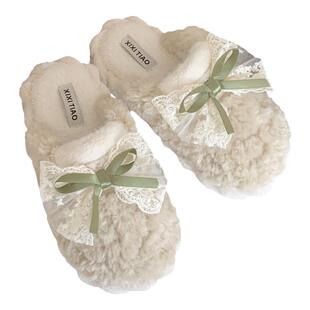 细细条 ins仙女风可爱蝴蝶结棉拖鞋冬季室内防滑平底毛绒月子鞋女