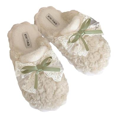 细细条仙女风蝴蝶结保暖棉拖鞋