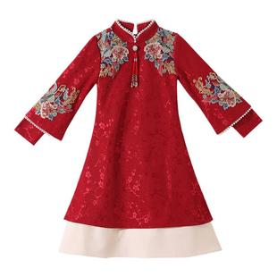 女童红色春秋季旗袍连衣裙2025新款小女孩汉服秋冬儿童中式拜年服