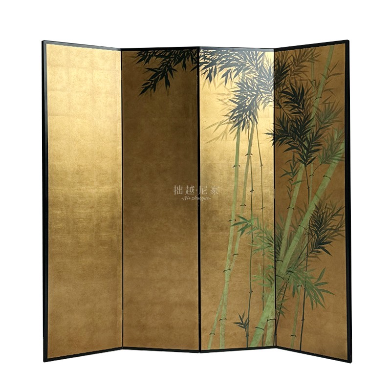客厅竹子茶室中式漆画金箔屏风