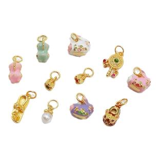 18K包金保色滴油玉兔吊坠虎头鞋花拖鞋莲花滴溜手工DIY手链配件