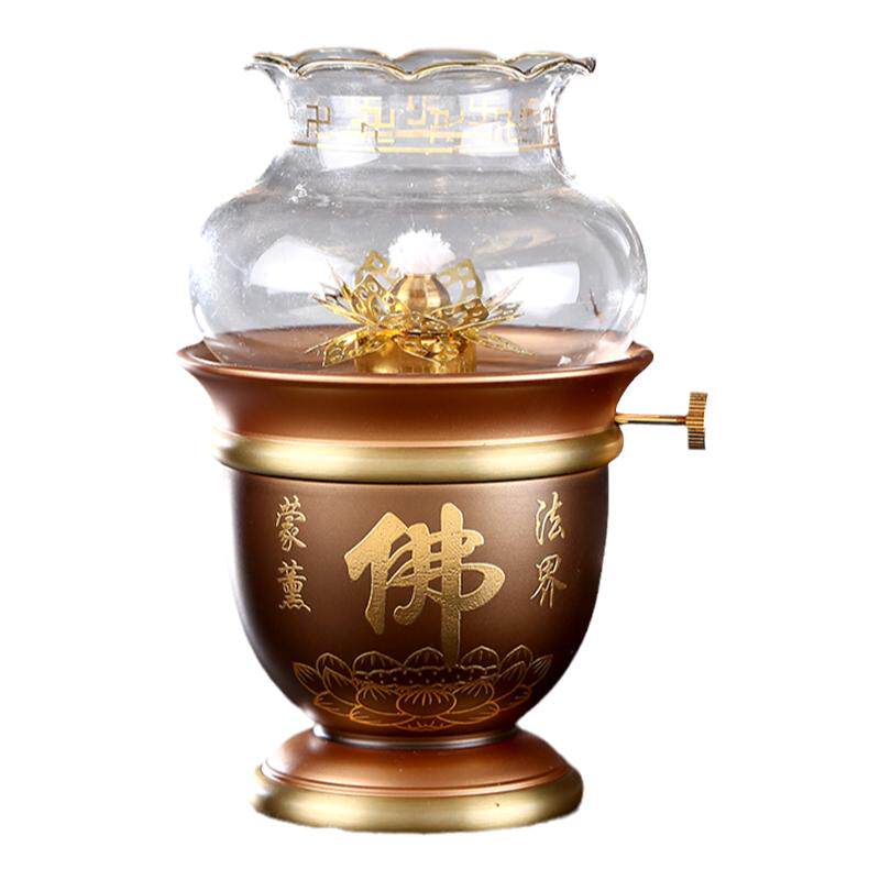 秦歌佛字油灯黄铜供佛家用苏油灯佛前供佛灯长明灯复古调光酥油灯