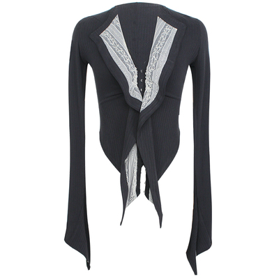 TMS设计感袖型V领蕾丝拼接针织衫