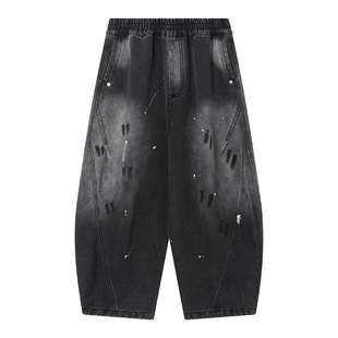 男童秋冬泼墨阔腿黑色加绒弯刀牛仔裤2026新款儿童直筒宽松厚裤子