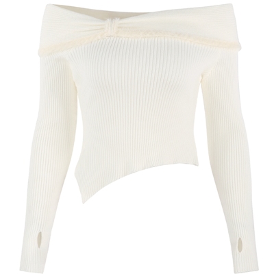 一字肩设计感不对称短款针织衫