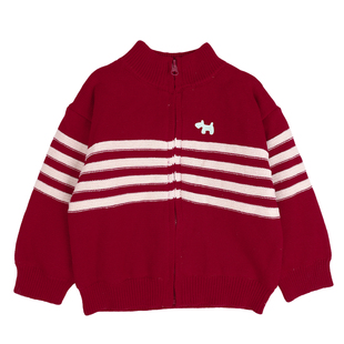 男童加绒毛衣开衫厚2026冬季纯棉条纹红色新年毛衣开衫拜年服8259