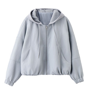 针织连帽拼接PU皮衣外套女款春装2026新款爆款洋气短款上衣小个子