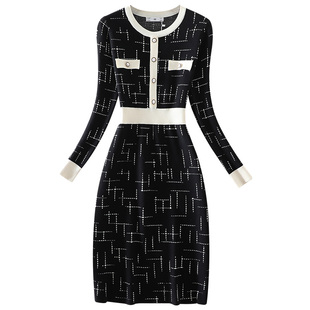 秋冬新款气质优雅女装修身包臀裙中长款内搭印花毛衣裙针织连衣裙