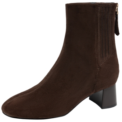 千百度羊皮弹力袜靴女百搭冬季气质粗高跟靴瘦瘦靴通勤洋气小短靴