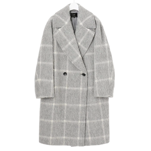 23区日系秋冬季通勤宽松羊毛羊驼毛混纺格子中长呢厚大衣商场同款