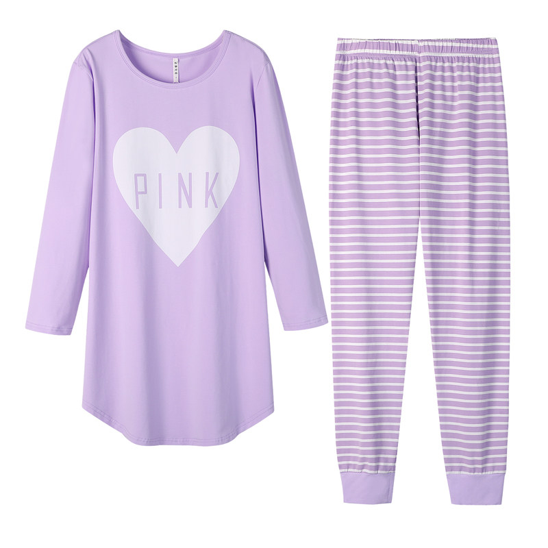 春秋韩版睡衣女PINK长袖长裤纯棉家居服套装上衣加长月子服