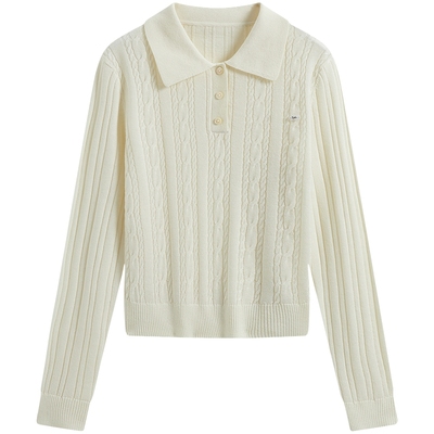 KBNE羊毛混纺polo领绞花针织衫女装2025秋季新款白色长袖针织上衣