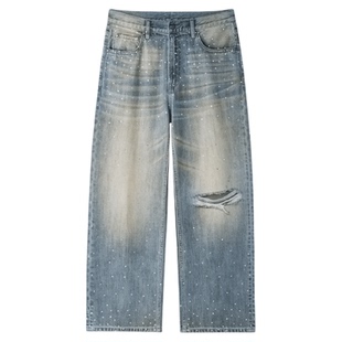 OFF-WHITE™【明星同款】情侣装破洞牛仔裤潮流钻饰水洗磨白裤子