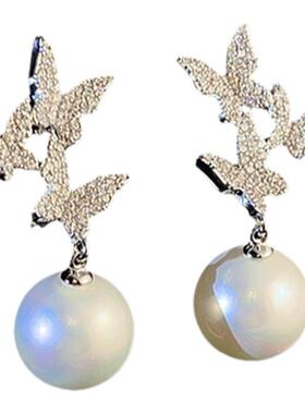 新款闪锆蝴蝶珍珠耳环耳夹无耳洞女轻奢气质高级感无洞夹式耳钉仙