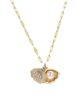 韩国金色女复古气质贝壳珍珠项链