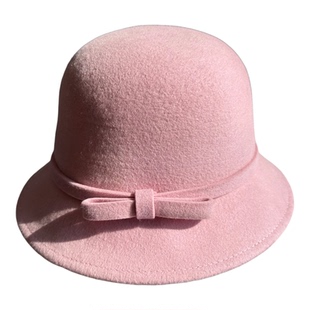 秋冬粉色少女心羊毛呢渔夫帽女英伦复古时尚百搭圆顶盆帽小沿礼帽