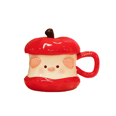 可爱苹果猪陶瓷马克杯带盖圣诞节