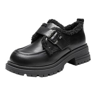 大东乐福鞋女2025新款冬制服鞋黑色厚底英伦风小皮鞋加绒保暖棉鞋