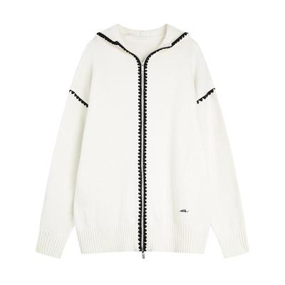 ELLE绵羊毛黑白撞色连帽毛衣开衫