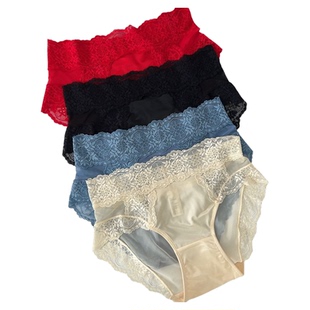 轻奢丝绸缎面无痕蕾丝内裤女士性感透视网纱中腰包臀三角裤头红色