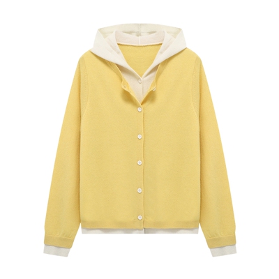 Basic House/百家好黄色连帽假两件针织衫女春季新款羊毛开衫外套